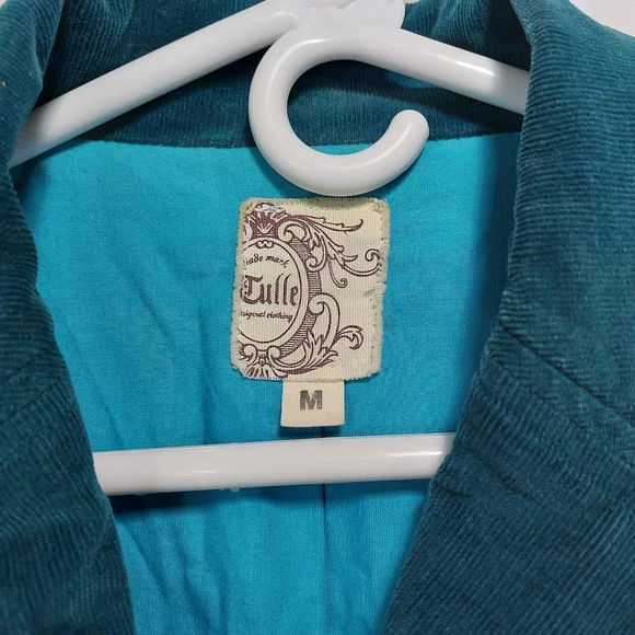 Tulle Teal Blue Corduroy Blazer Jacket Sz Medium Double Breasted Balloon Sleeves - Picture 4 of 4